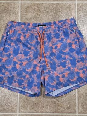 Surf Cuz Lined Swim Trunks Size L Blue Pink Athletic Shorts 5” Inseam